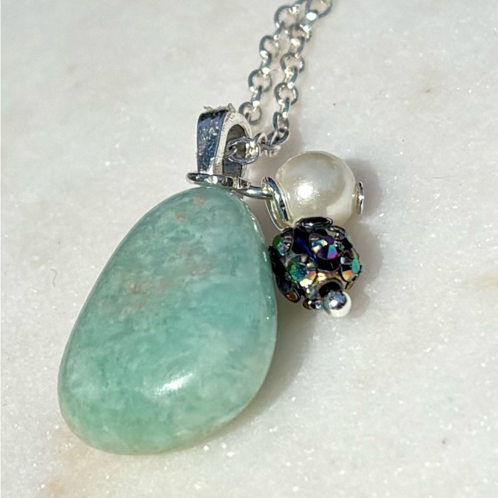 Natural Amazonite Stone Necklace with Pearl & Crystal